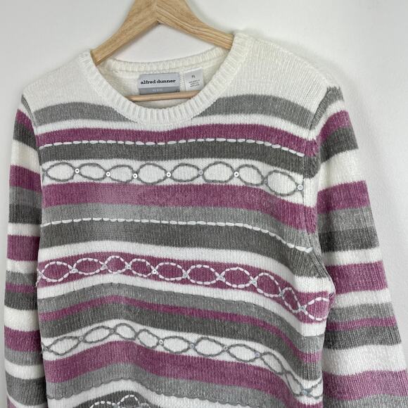 VTG Alfred Dunner Sweater LP Purple White Striped Chenille Pullover Grandma - Picture 11 of 15